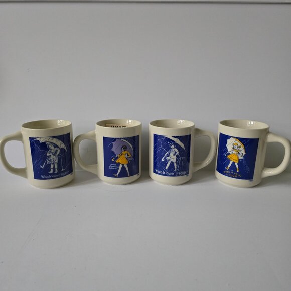Vintage Morton Salt Ceramic Coffee Mugs Set of 4 - When it Rains It Pours - Picture 1 of 16